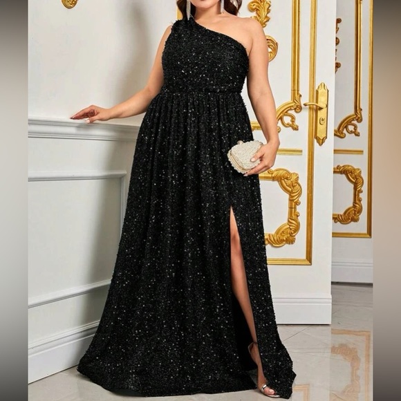 Luxe plus size one shoulder slit thigh party formal prom wedding gown dress - Picture 7 of 8